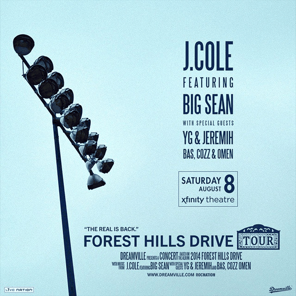 J. Cole Forest Hills Drive tour admat with stadium light pole graphic