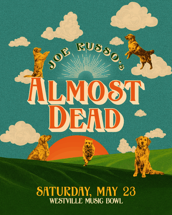 Joe Russo's Almost Dead show admat with illustrated dogs on a hillside