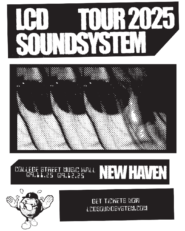 LCD Soundsystem Tour 2025 admat with halftone hands-raised crowd graphic