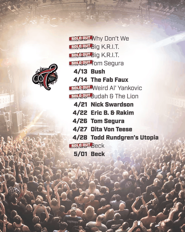 Tabernacle show calendar overlaid on a crowd photo